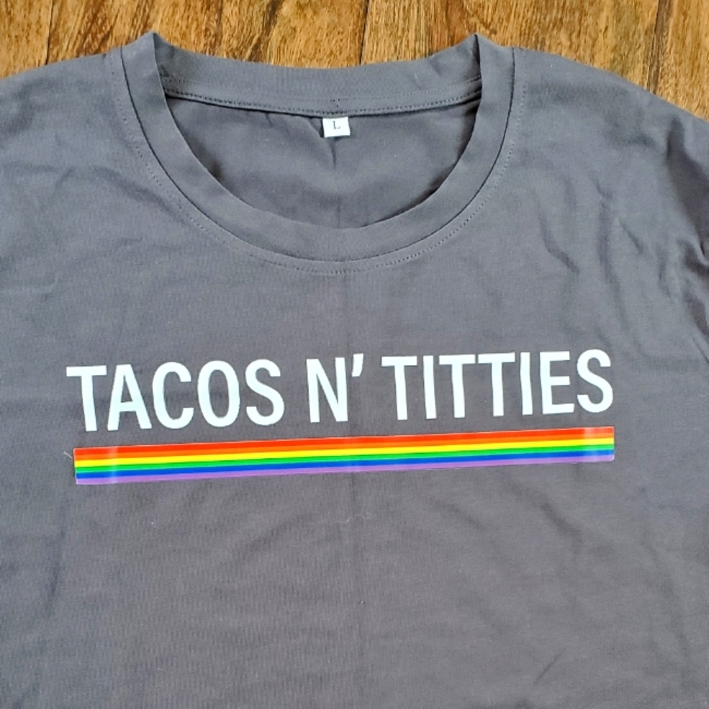 Like NEW Gray 'Tacos N Titties' Cropped Tee w/Rainbow  Detail LGBTQ Sz L